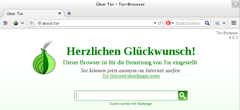 Wilkommens-Bildschirm des Tor Browsers